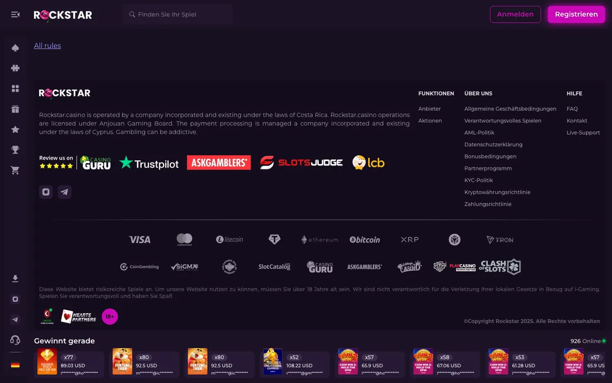 Rockstar Casino — Payments, captured from Germany