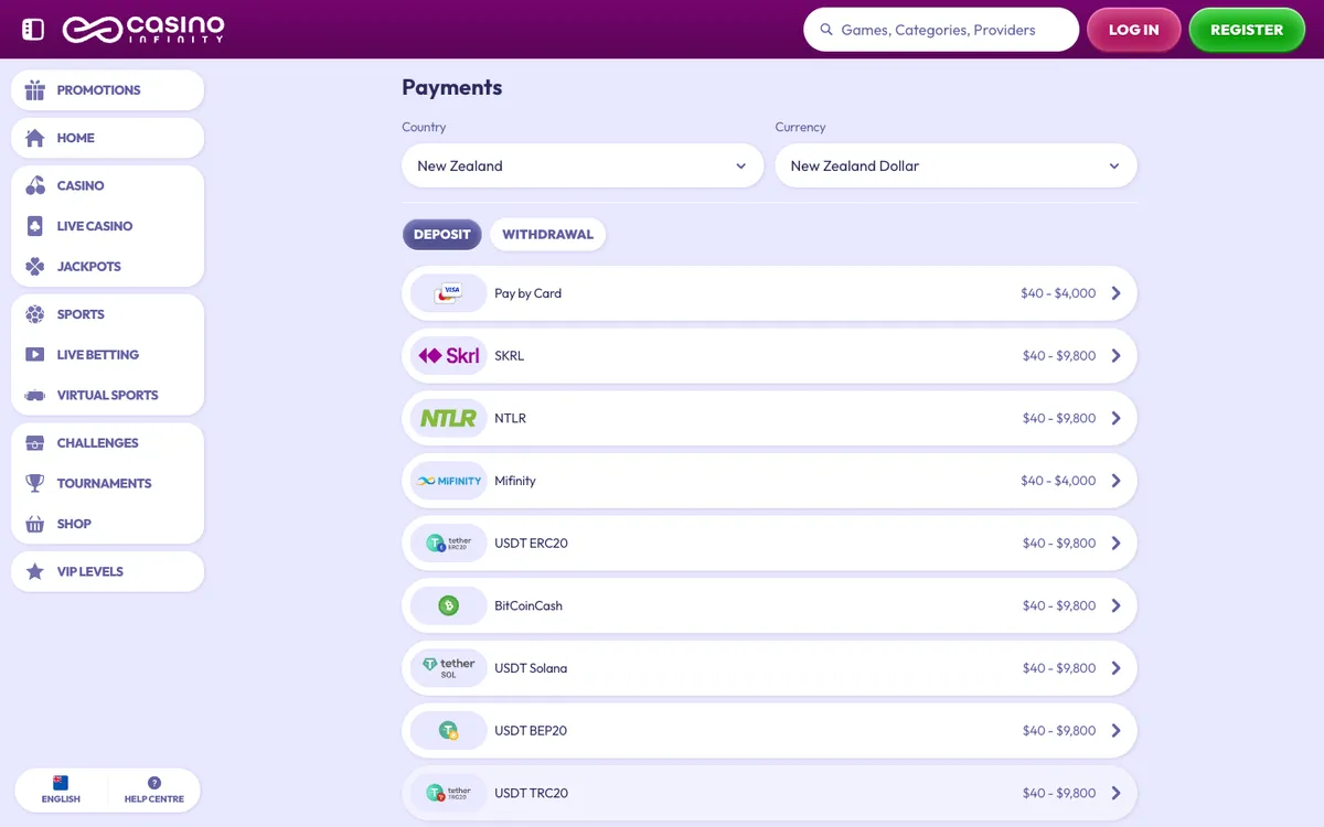 Casino Infinity — Payments, captured from New Zealand