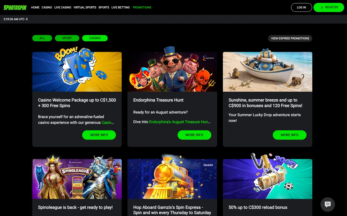 SportoSpin Casino — Promotions, captured from Canada