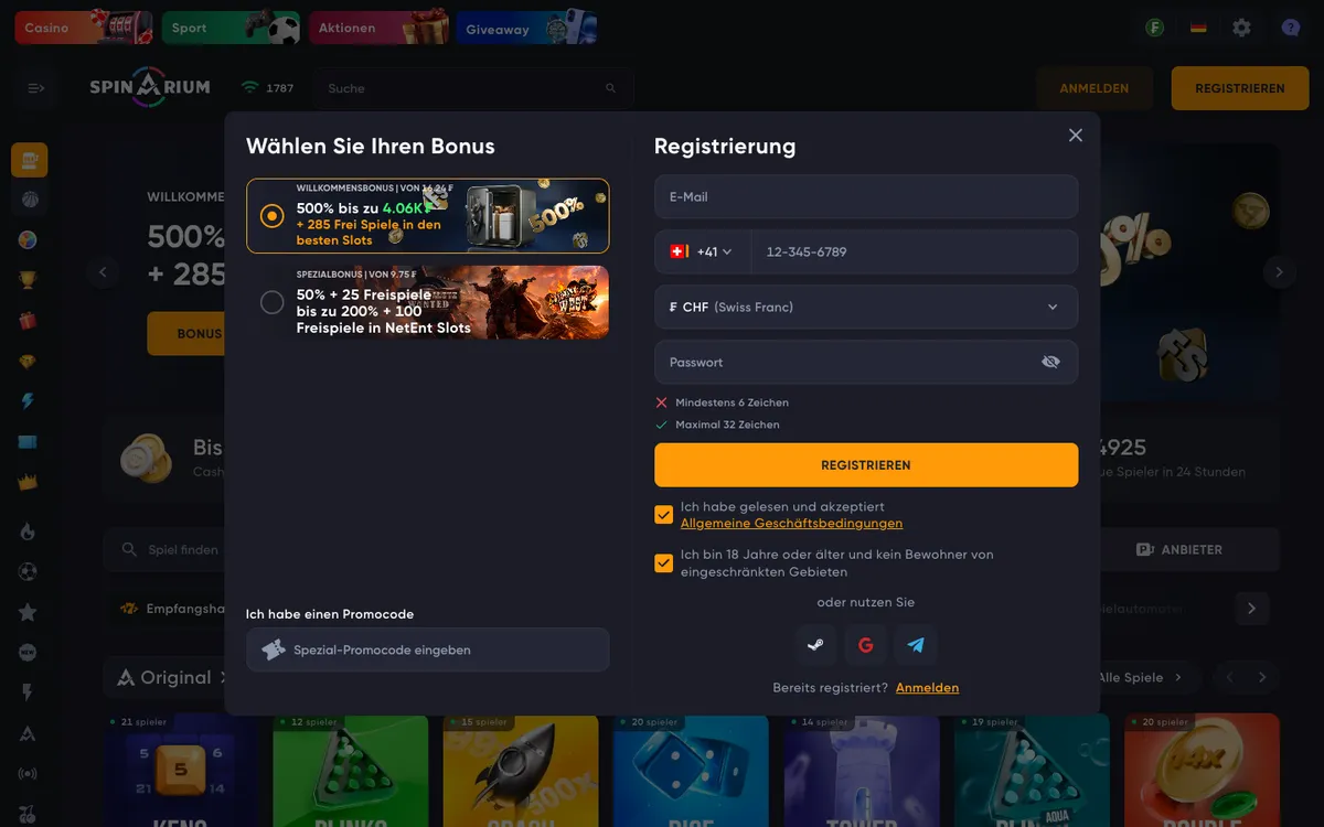 Spinarium Casino — Home page, captured from Switzerland