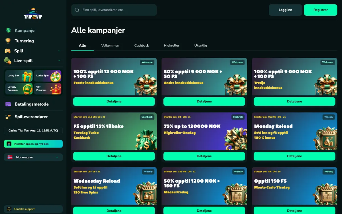 Trip2Vip Casino — «Акции», снято из страны Норвегия