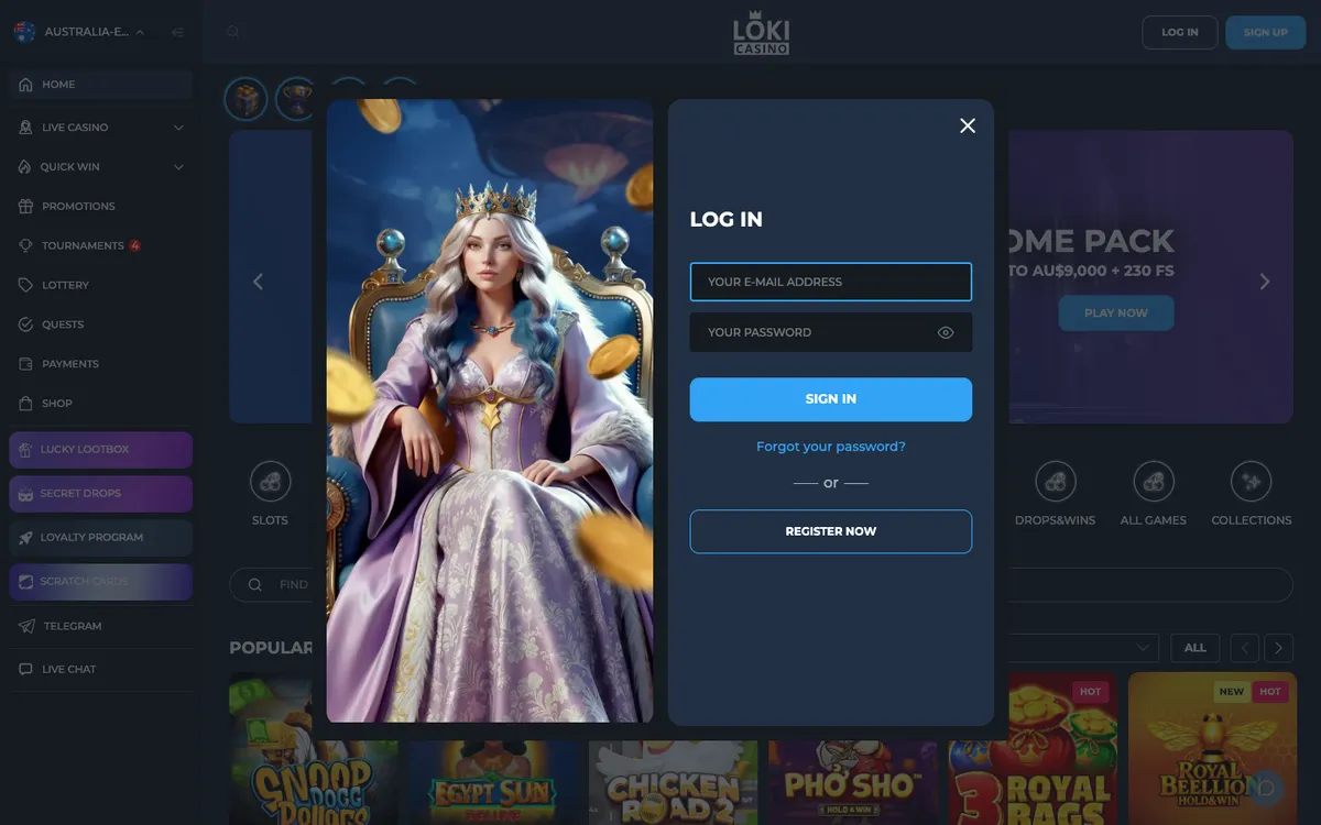 Loki Casino — «Регистрация», снято из страны Австралия