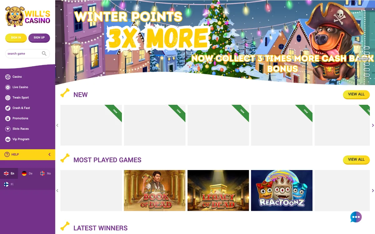 Will's Casino — Home page, captured from Finland
