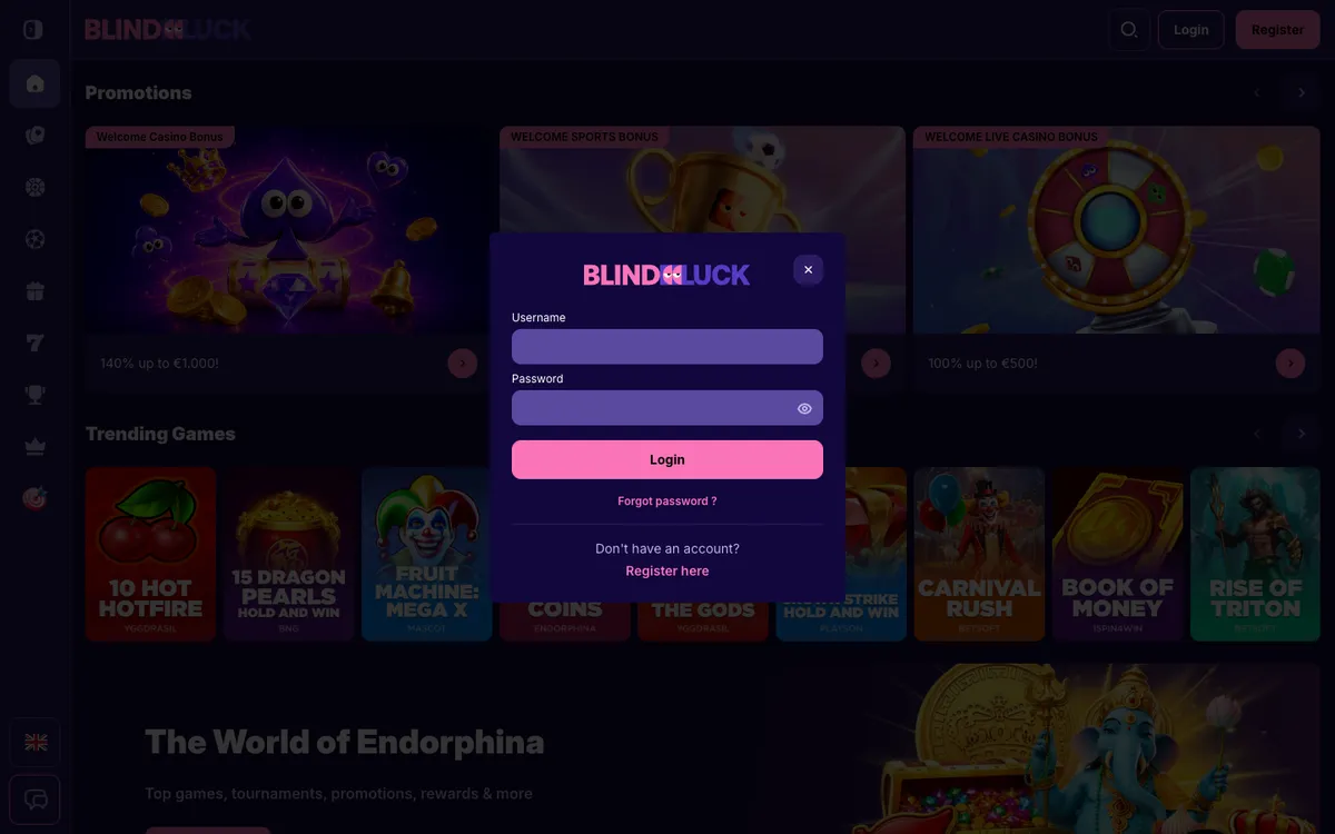 Blindluck Casino — «Регистрация», снято из страны Бельгия