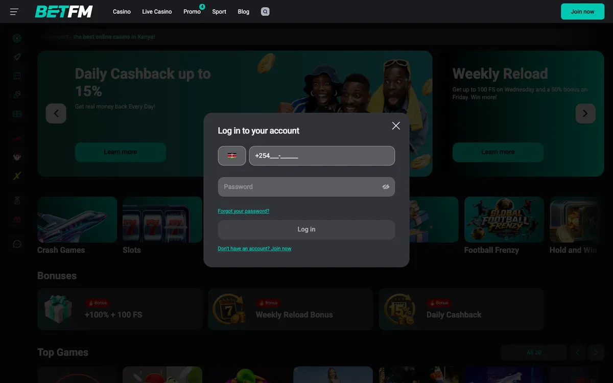 BetFM Casino — Sign-up, captured from Nigeria