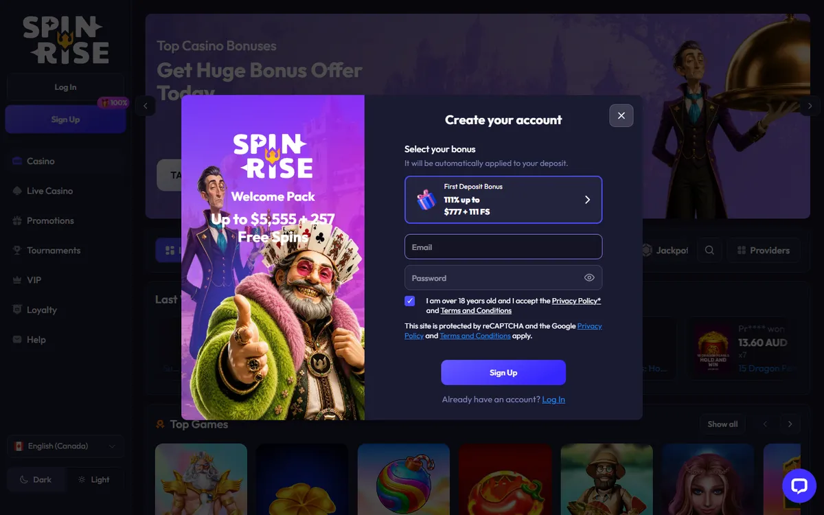 Spinrise Casino — «Регистрация», снято из страны Канада