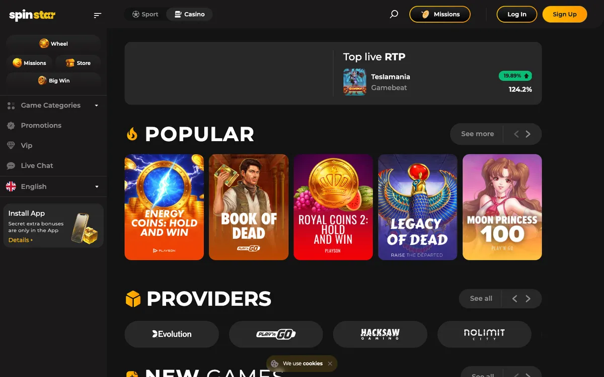 Spinstar Casino — Home page, captured from Austria