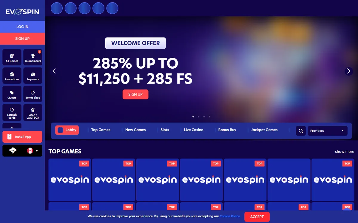 Evospin Casino — Home page, captured from Canada