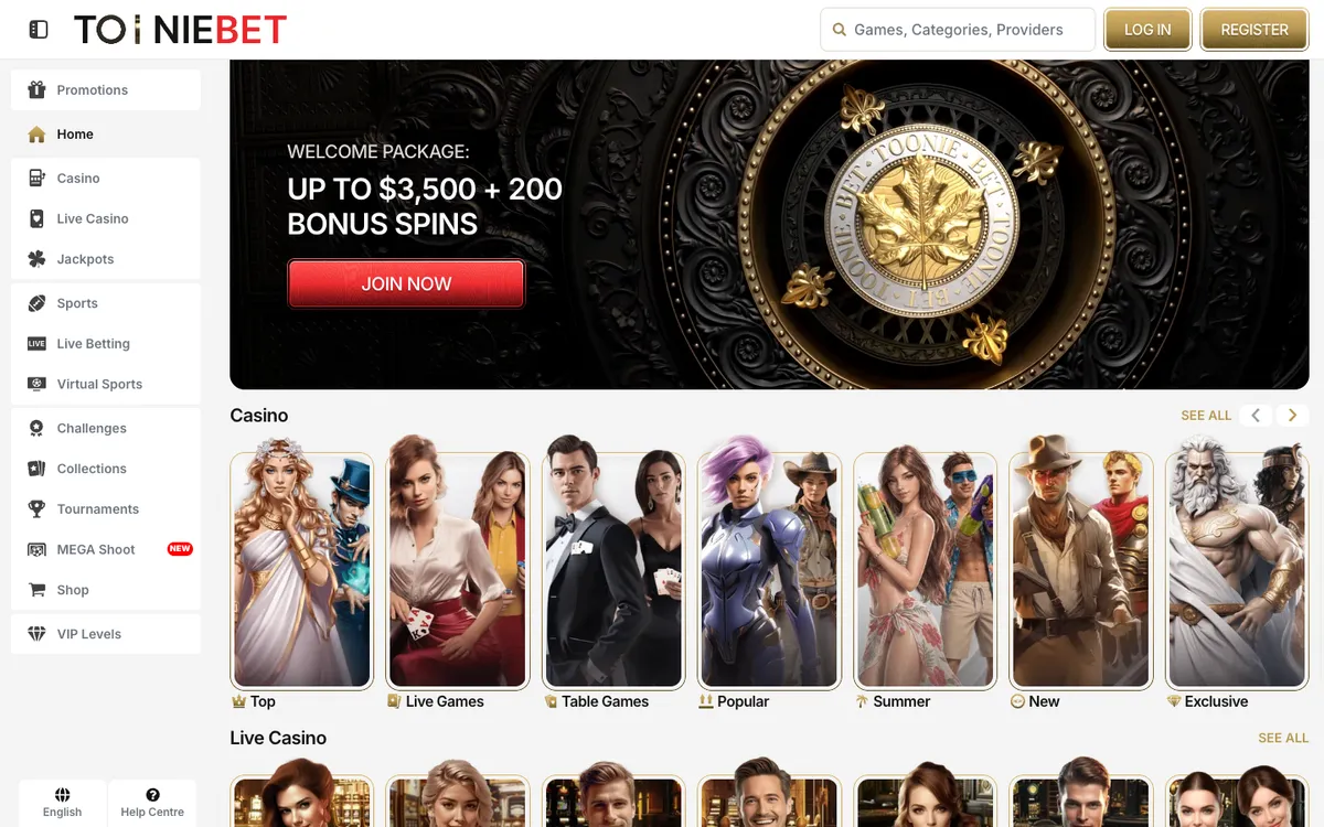 Tooniebet Casino — Home page, captured from Canada
