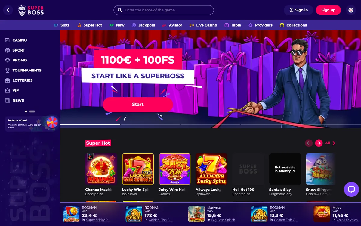 SuperBoss Casino — Home page, captured from Portugal