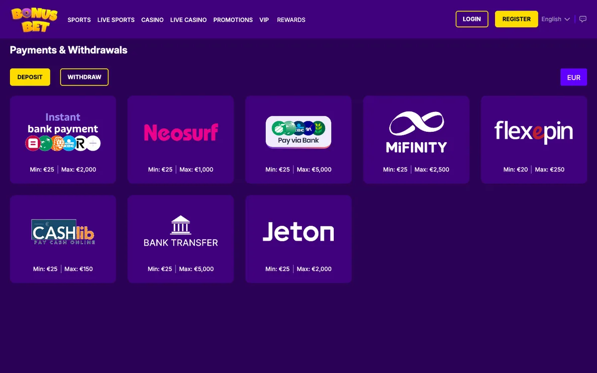 BonusBet Casino — Payments, captured from Belgium