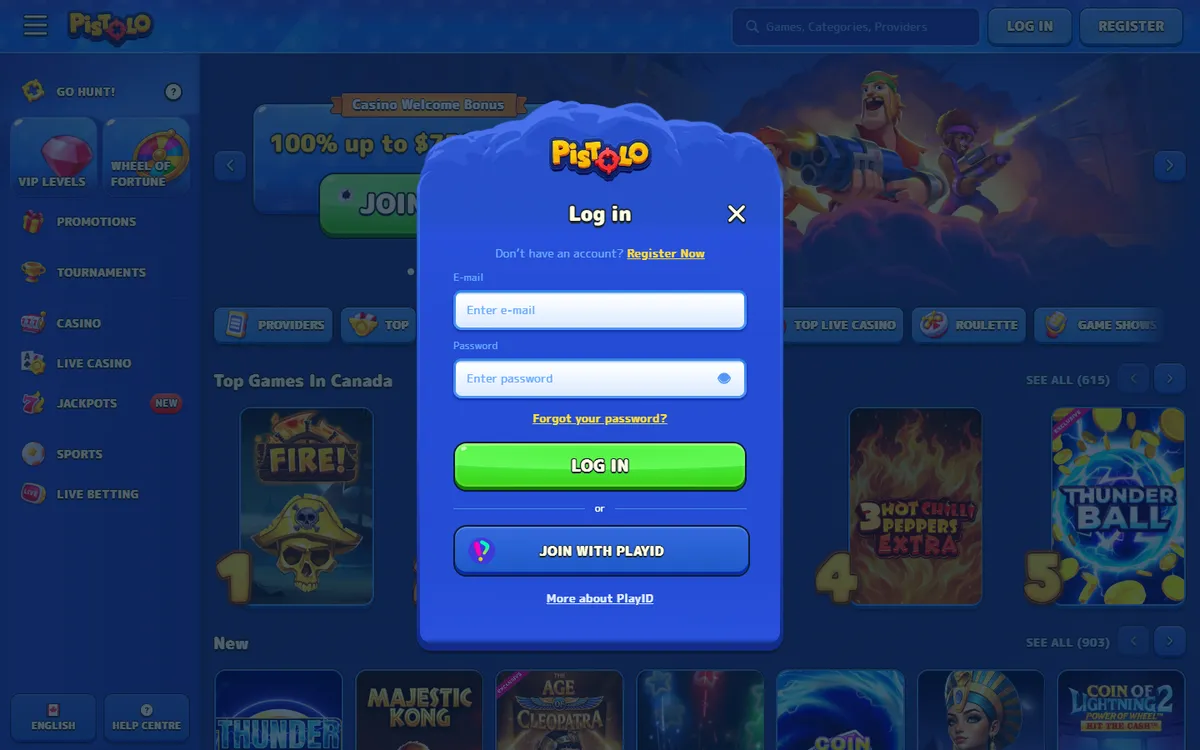 Pistolo Casino — Sign-up, captured from Canada