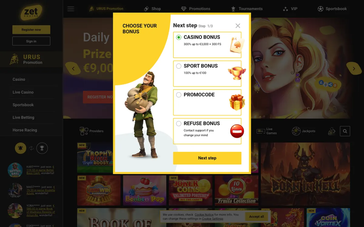Zet Casino — Payments, captured from Canada