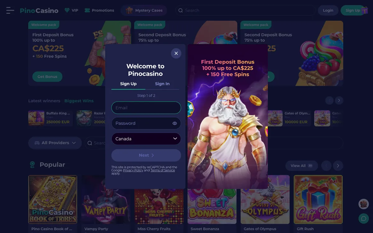 PinoCasino — Sign-up, captured from Canada