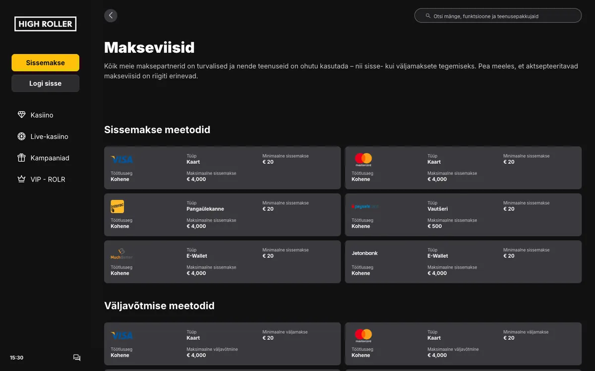 Highroller Casino — Payments, captured from Estonia