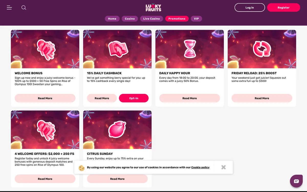LuckyFruits Casino — Promotions, captured from New Zealand