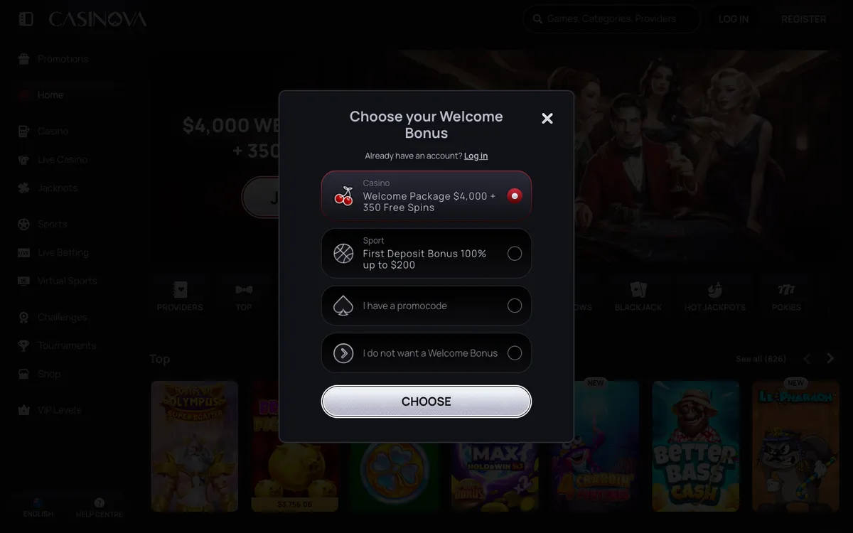 Casinova Casino — Sign-up, captured from New Zealand