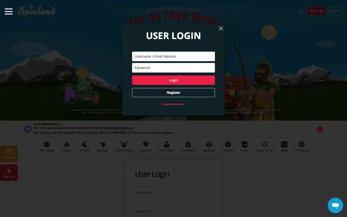 Spinland Casino — Sign-up, captured from United Kingdom