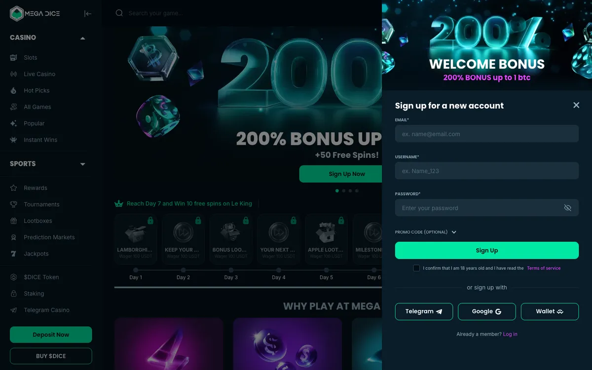 Mega Dice Casino — «Регистрация», снято из страны Финляндия