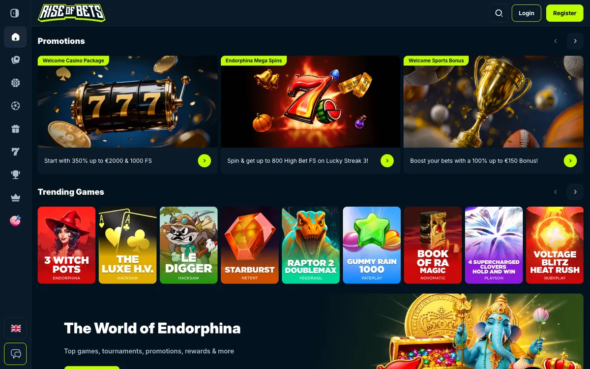Rise of Bets Casino — Home page, captured from Belgium