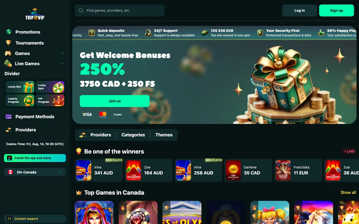 Trip2Vip Casino — «Главная», снято из страны Канада