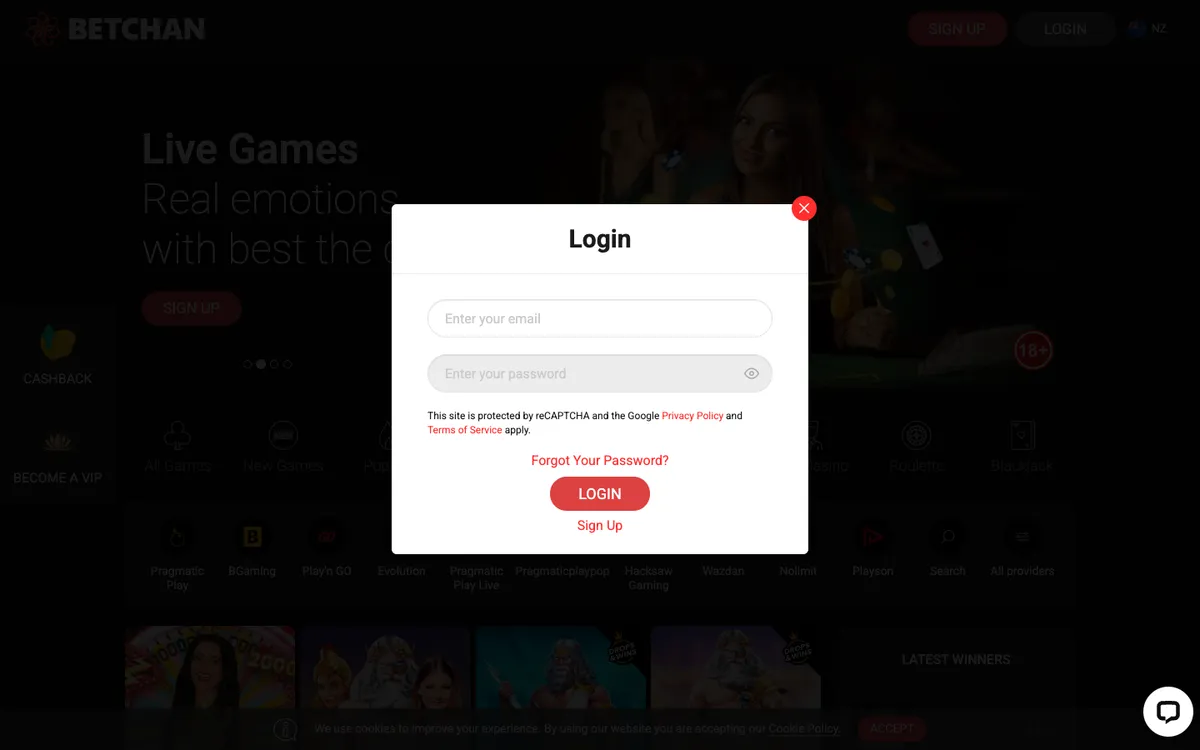 Betchan Casino — «Регистрация», снято из страны Новая Зеландия