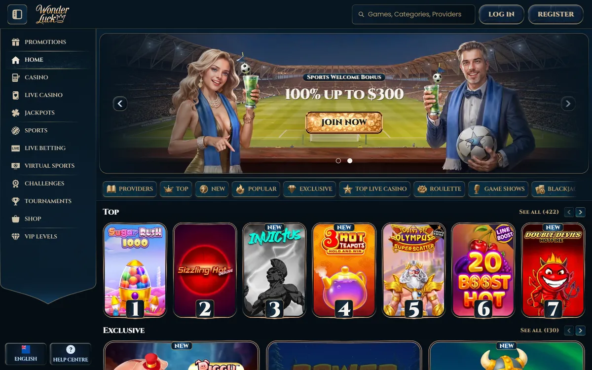WonderLuck Casino — Home page, captured from New Zealand