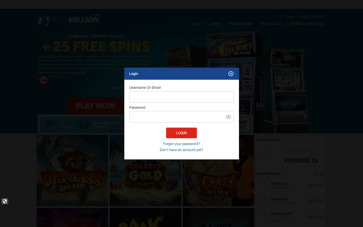 Play Million Casino — Sign-up, captured from South Africa