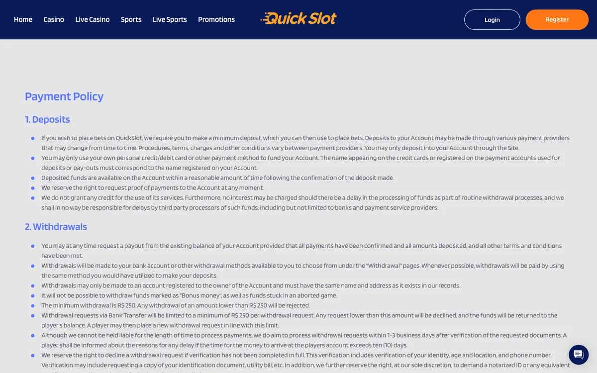 QuickSlot Casino — Payments, captured from Belgium