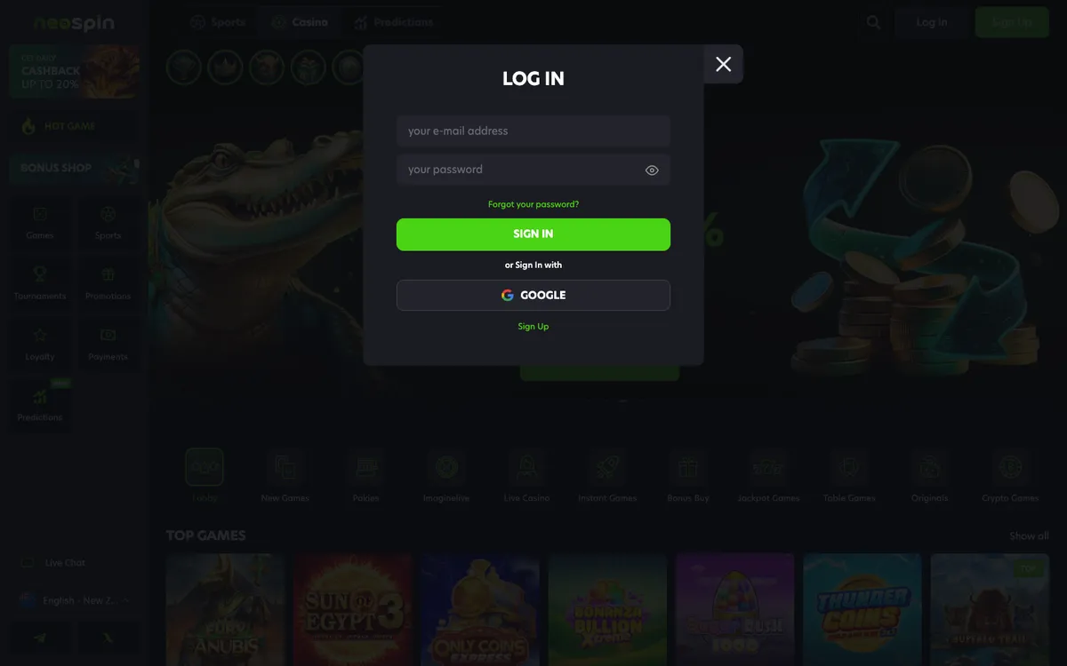 Neospin Casino — «Регистрация», снято из страны Новая Зеландия