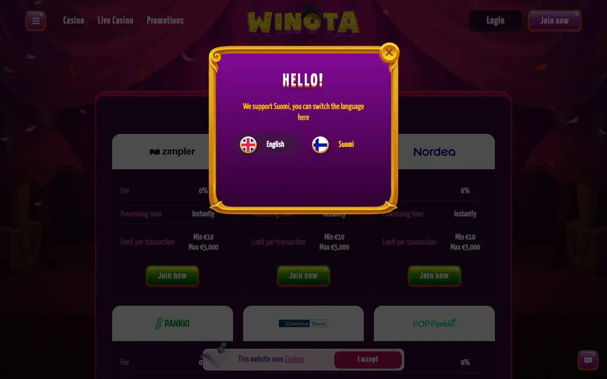 Winota Casino — Payments, captured from Finland