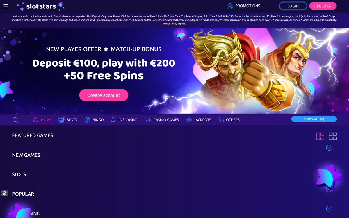Slotstars Casino — Home page, captured from Switzerland