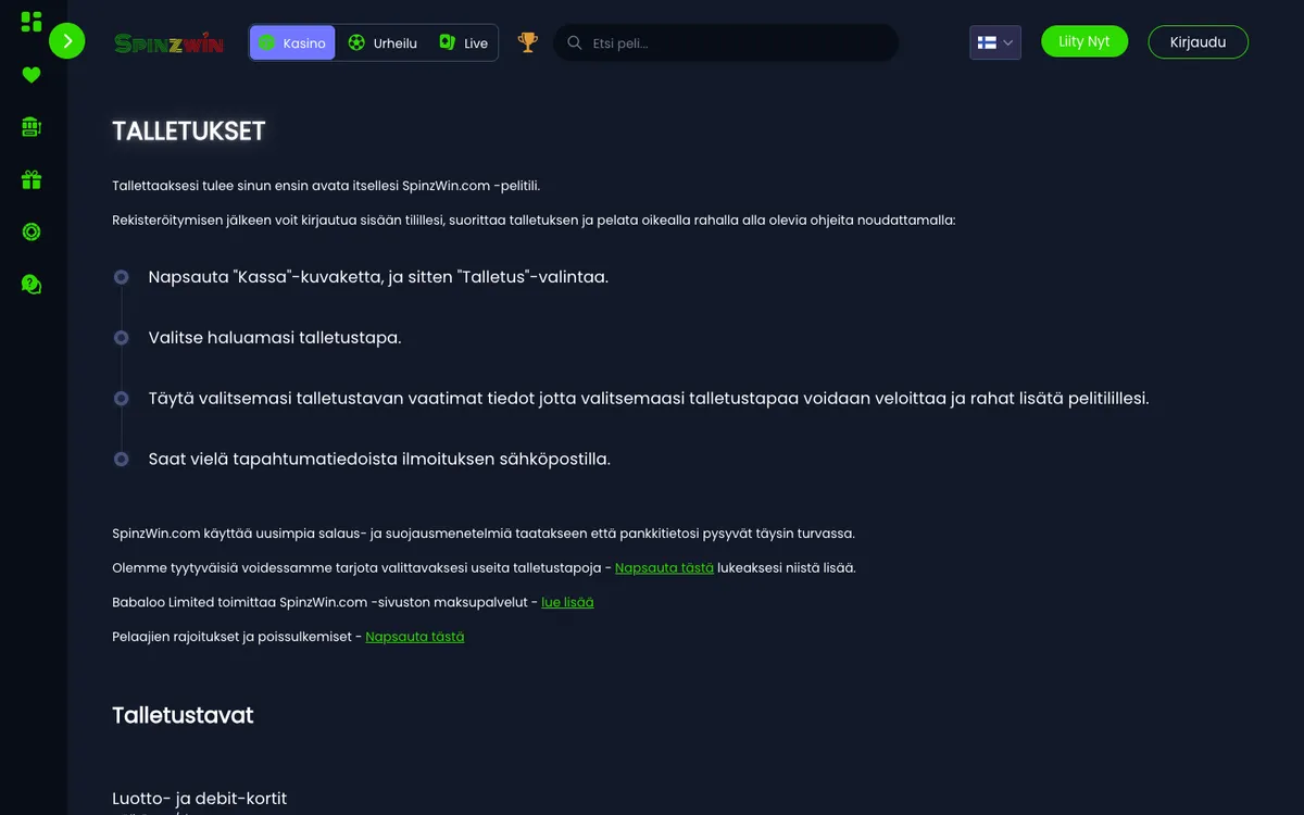 Spinzwin Casino — Payments, captured from Finland