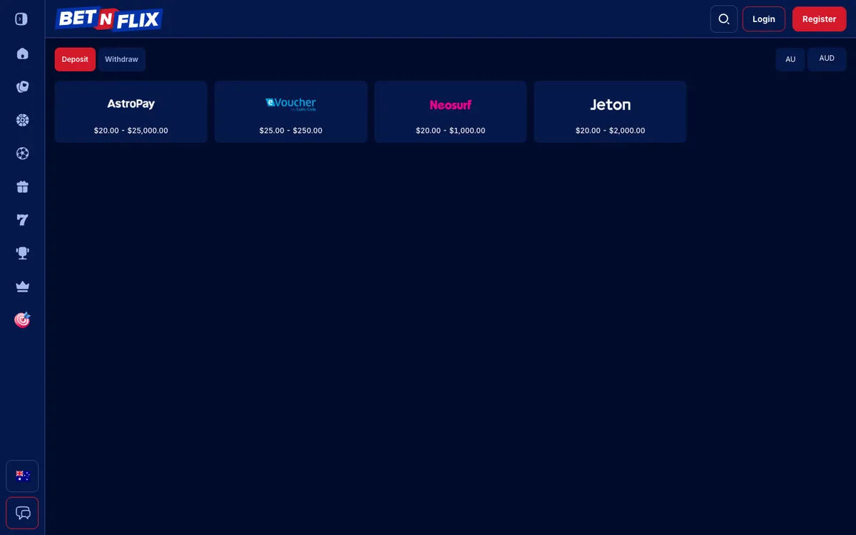 BetNFlix Casino — Payments, captured from Australia