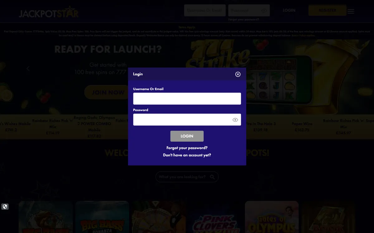 Jackpot Star Casino — Sign-up, captured from United Kingdom