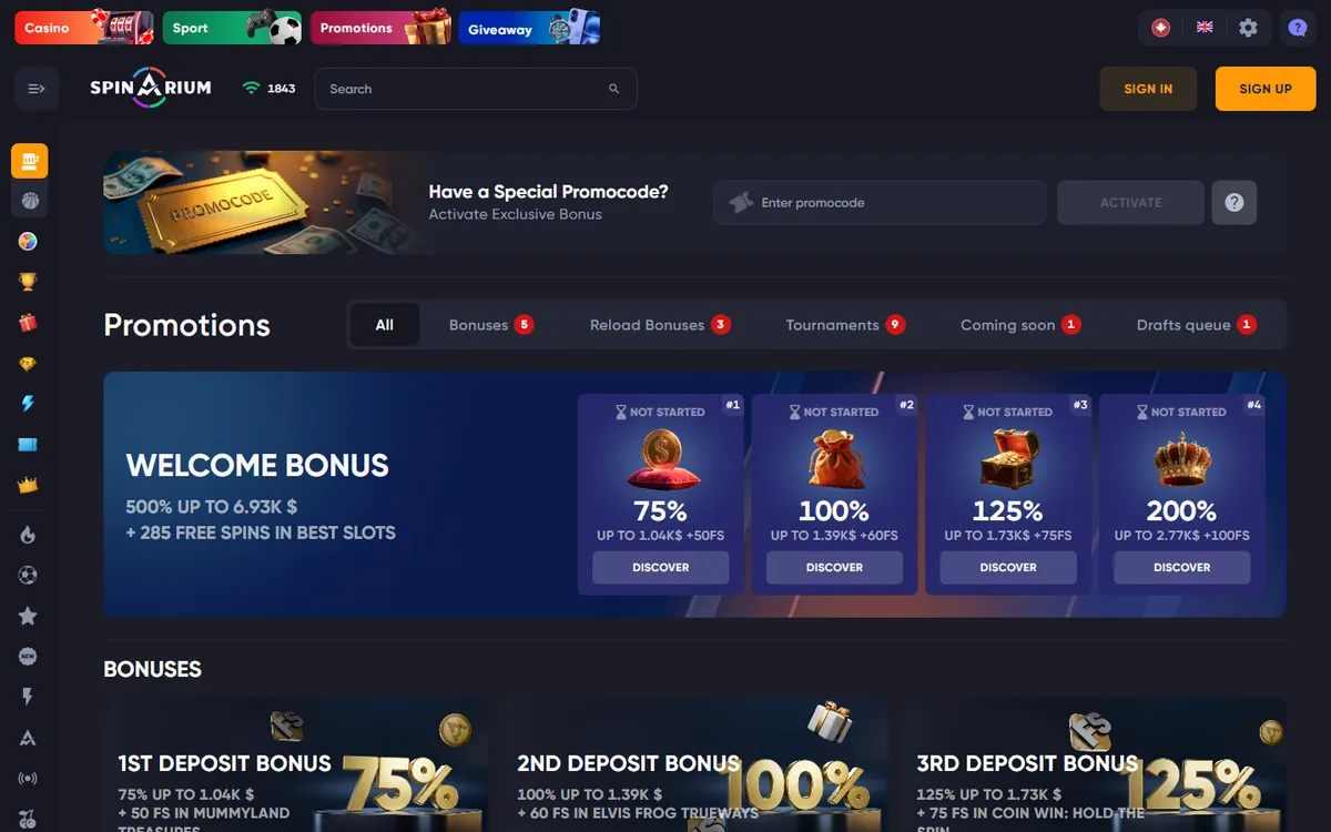 Spinarium Casino — Promotions, captured from Canada