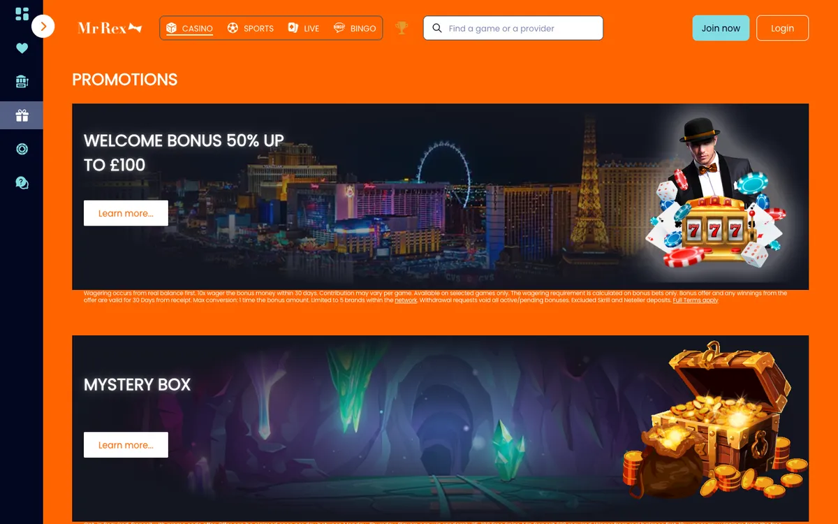 Mr Rex Casino — Promotions, captured from United Kingdom