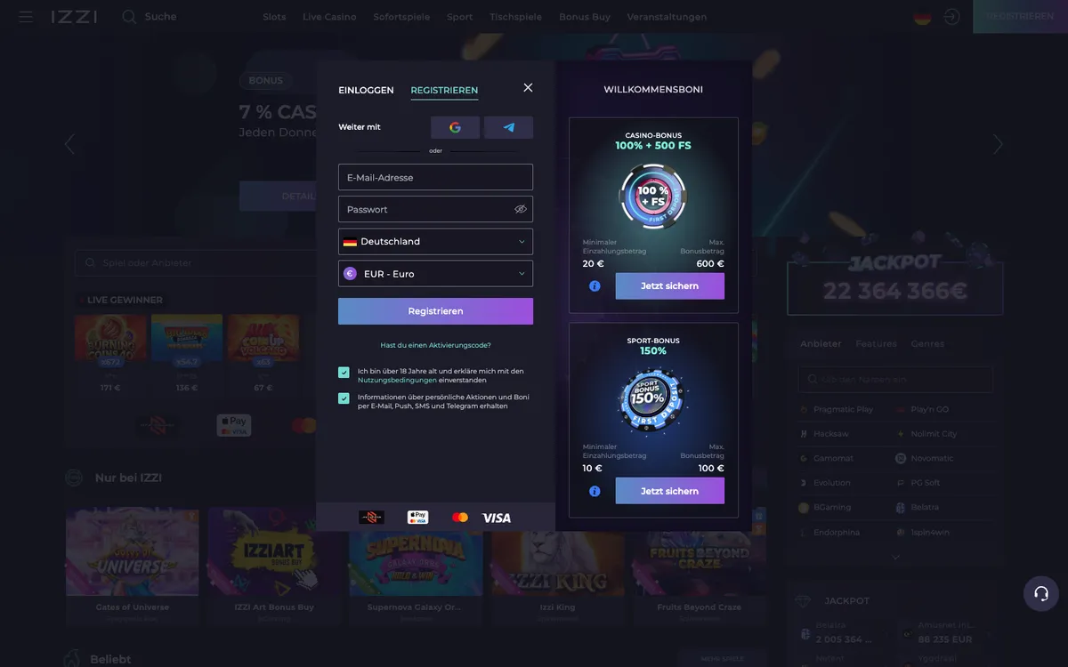 Izzi Casino — Home page, captured from Germany