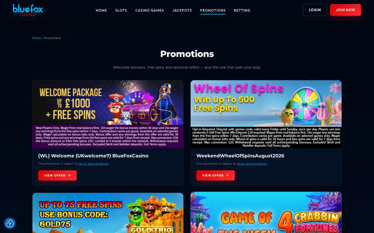 Bluefox Casino — «Акции», снято из страны Бразилия