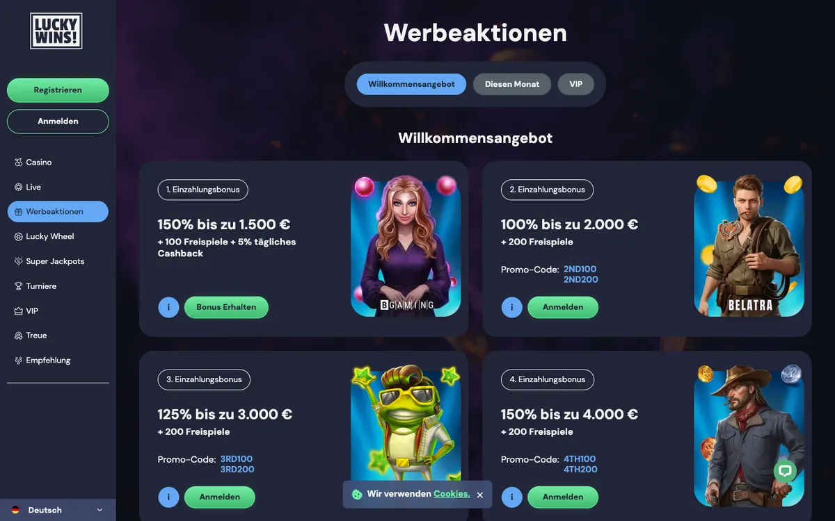 LuckyWins Casino — Promotions, captured from Switzerland