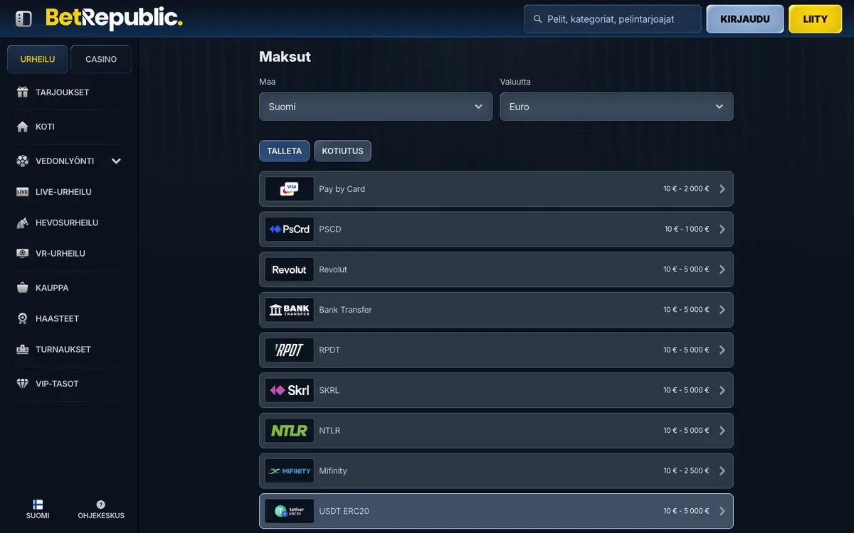BetRepublic Casino — Payments, captured from Finland