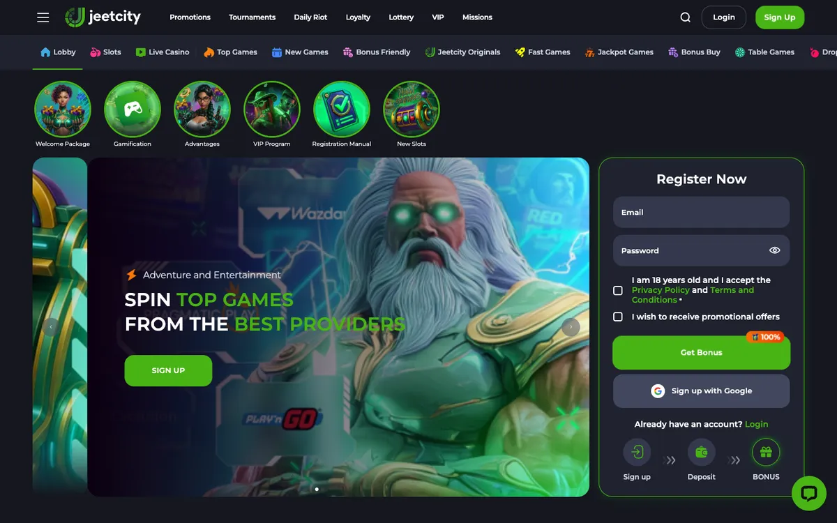 JeetCity Casino — Home page, captured from Austria