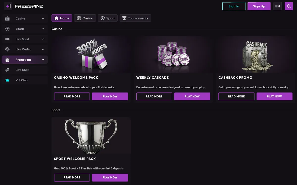 Freespinz Casino — «Акции», снято из страны Испания