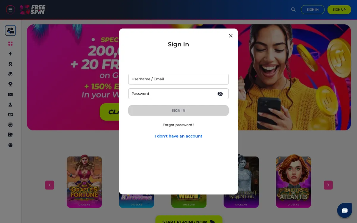 FreeSpin Casino — «Регистрация», снято из страны Соединенные Штаты