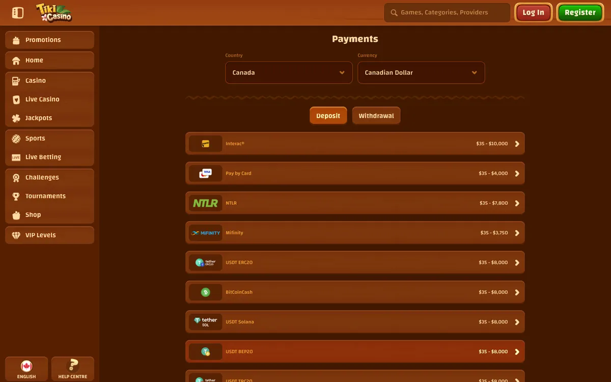 Tiki Casino — Payments, captured from Canada