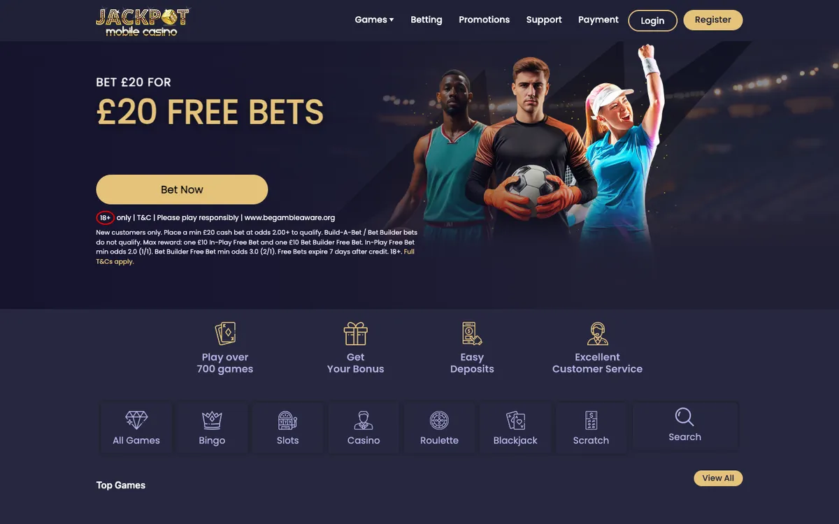 Jackpot Mobile Casino — Home page, captured from United Kingdom