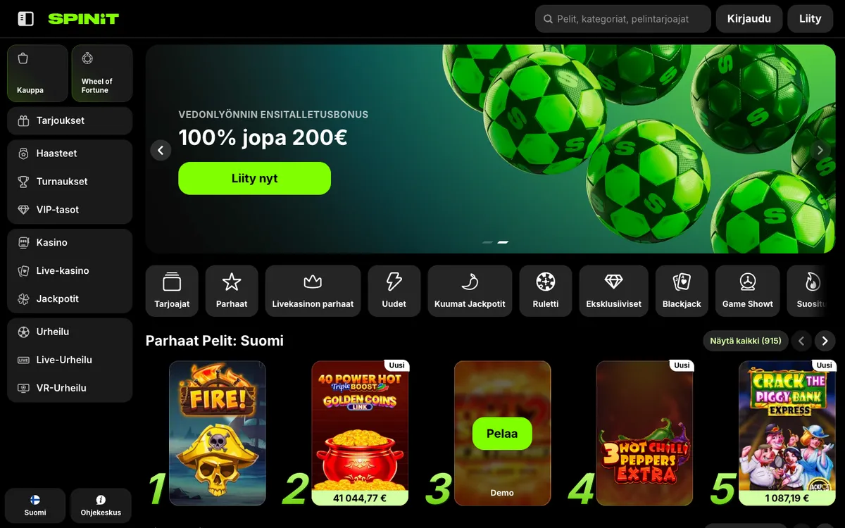 Spinit Casino — Home page, captured from Finland