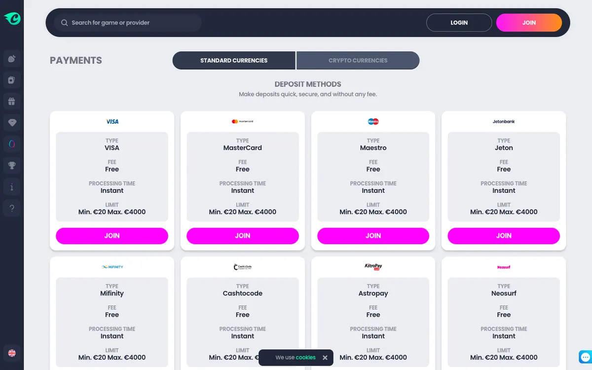 CrocoSlots Casino — Payments, captured from South Africa