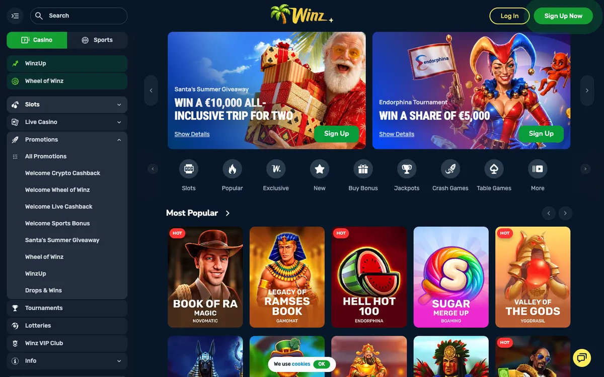 Winz.io Casino — «Главная», снято из страны Испания