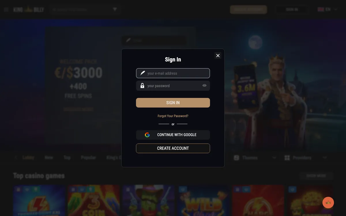 King Billy Casino — «Регистрация», снято из страны Япония